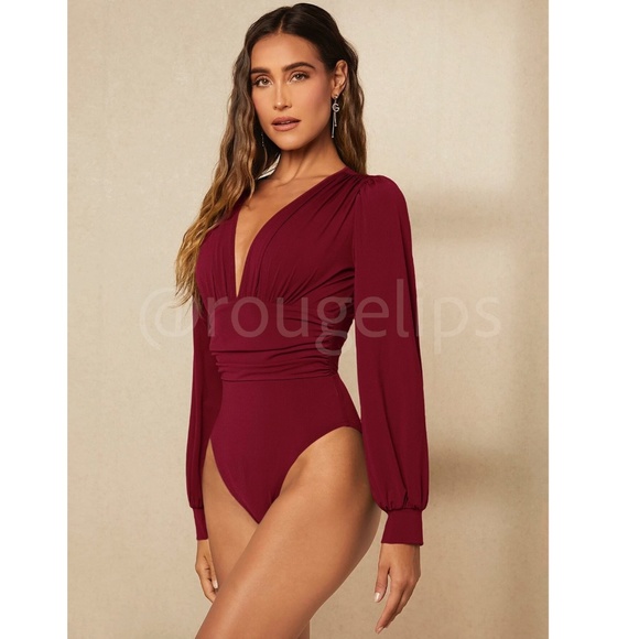 Burgundy Elegant V neck Bodysuit Long Bishop Sleeves Stretchy Ruched Waist - Picture 2 of 8